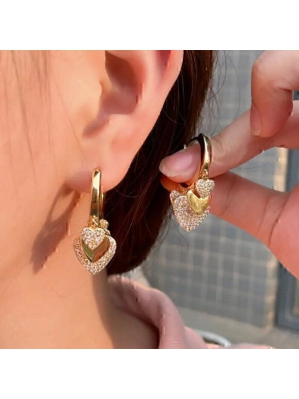 Gold Exquisite Heart Pendant Hoop Earrings Copper Jewelry Zircon Inlaid